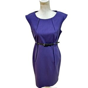 Calvin Klein ink Purple cap sleeve pleated Dress with black Belt size 10